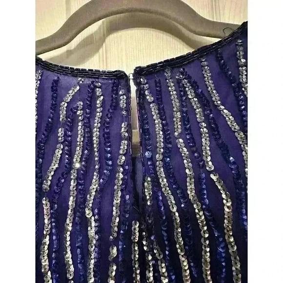 Vintage Jewel Queen Size 1X Blue Sequin Pure Silk Short Sleeve Evening Blouse - Picture 5 of 5